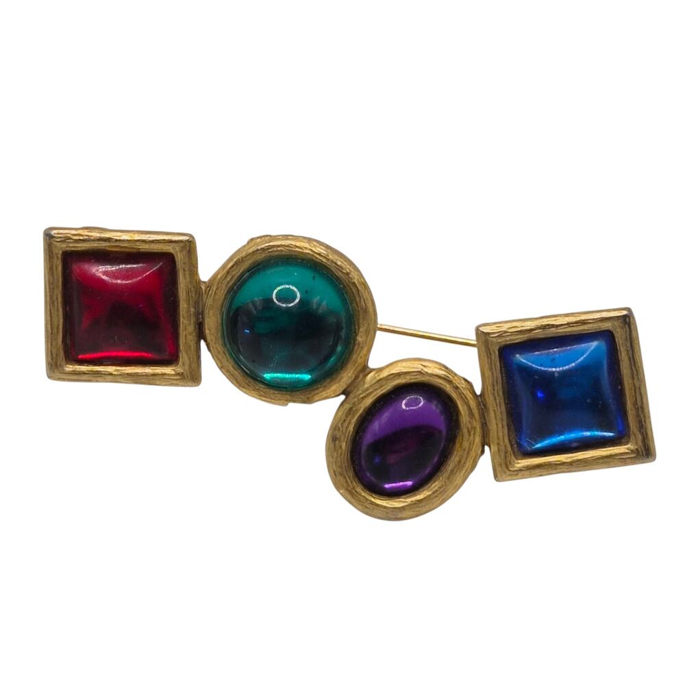 Vintage Abstract Glass Cabochon Brooch Gold Tone Red Blue Purple